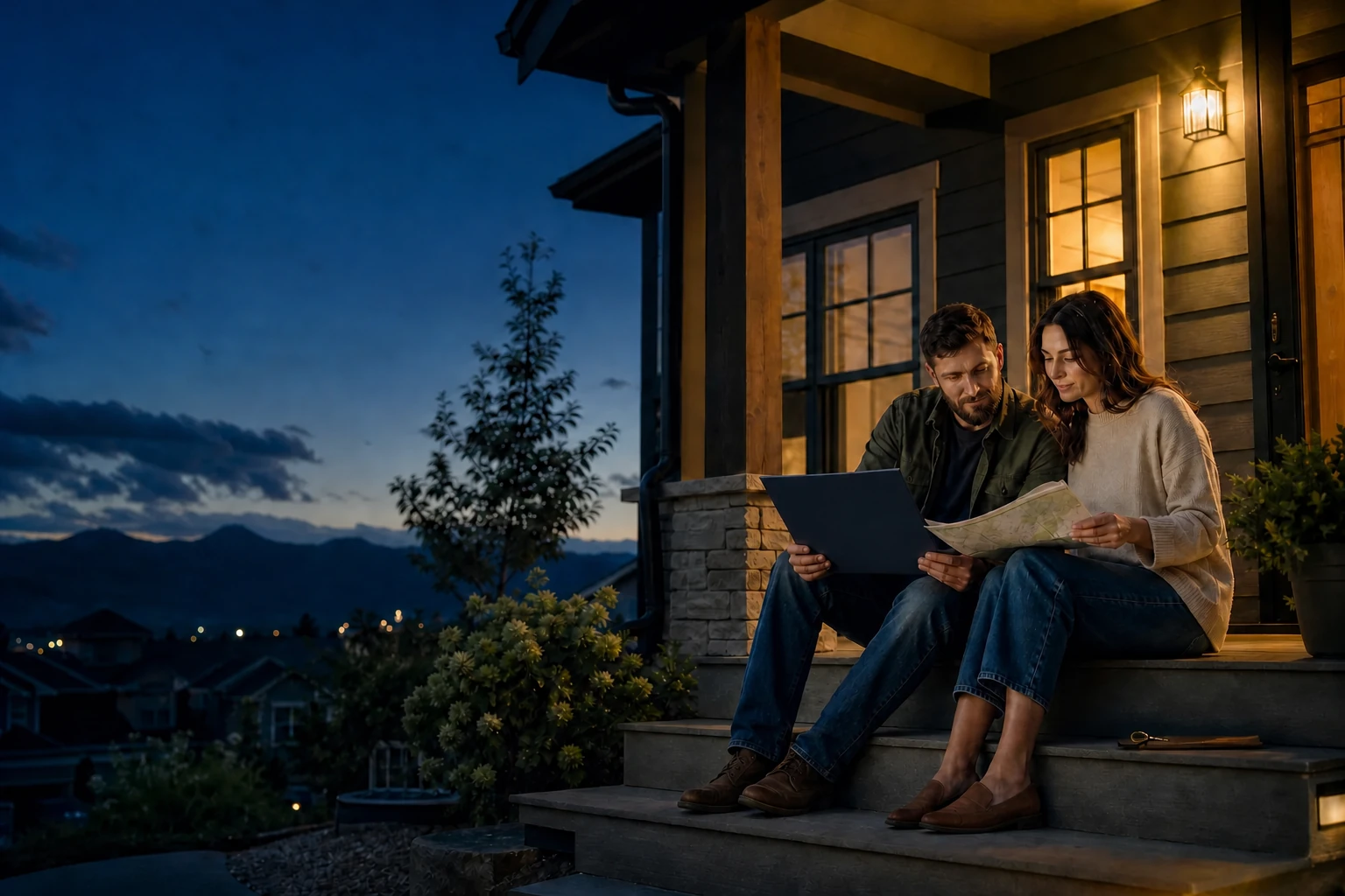 Colorado homebuyers reviewing their Hero HomeReach plan on a porch at blue hour
